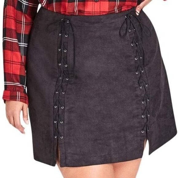 City Chic Womens Plus Sz 24 Faux Suede Comfy Skirt Front Lace Up Wimsigoth Emo - Picture 2 of 12